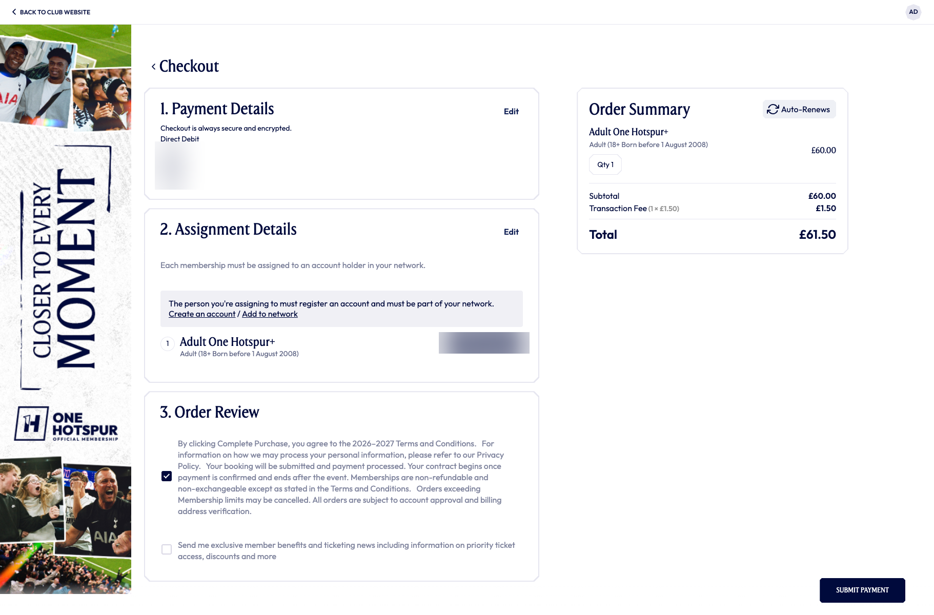 A UK membership checkout with an order summary marked Auto-Renews, a transaction fee and total, and an order review section whose terms the customer must tick before submitting payment